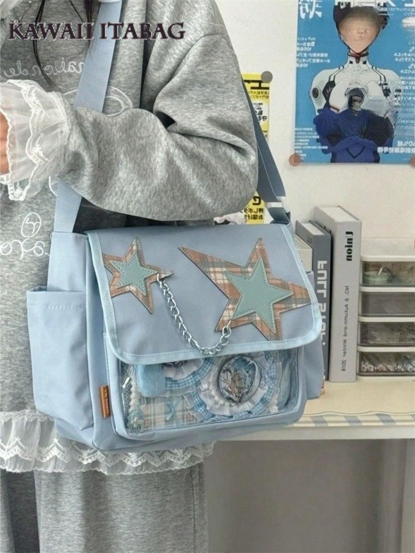 Star Chain Kawaii Ita Messenger Bag | Y2K Crossbody Ita Bag with Clear Display Window