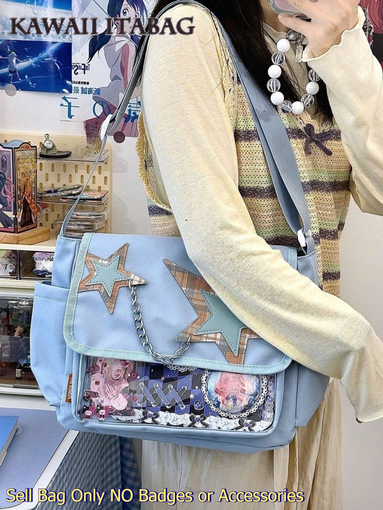 Star Chain Kawaii Ita Messenger Bag | Y2K Crossbody Ita Bag with Clear Display Window