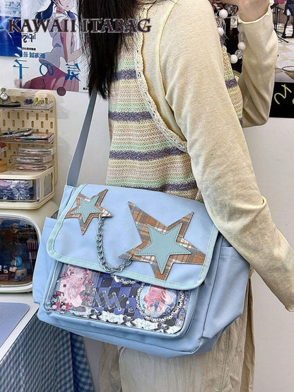Light blue star chain ita messenger bag with merch display