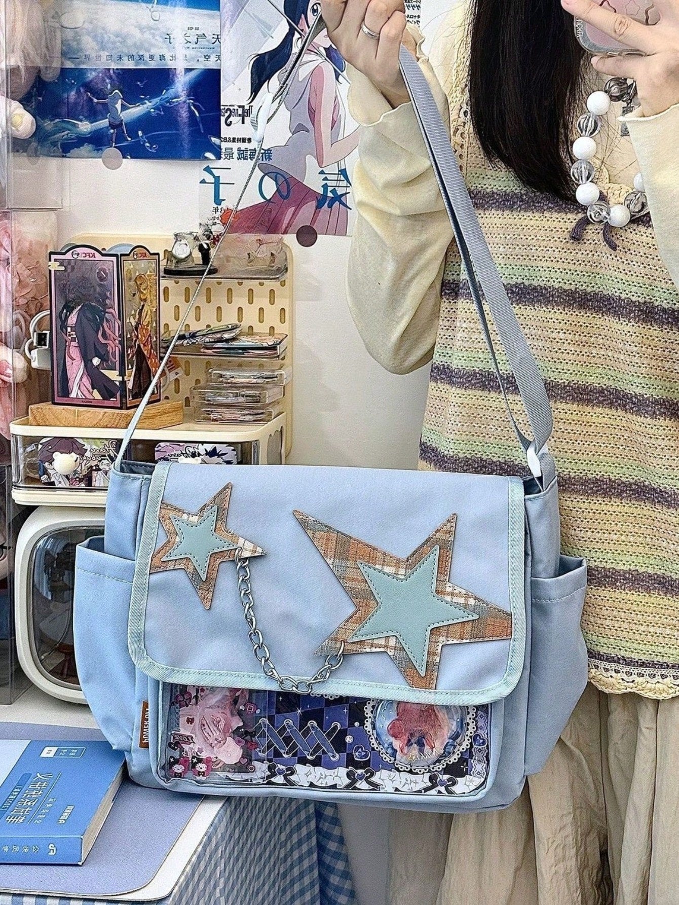 Star Chain Kawaii Ita Messenger Bag | Y2K Crossbody Ita Bag with Clear Display Window