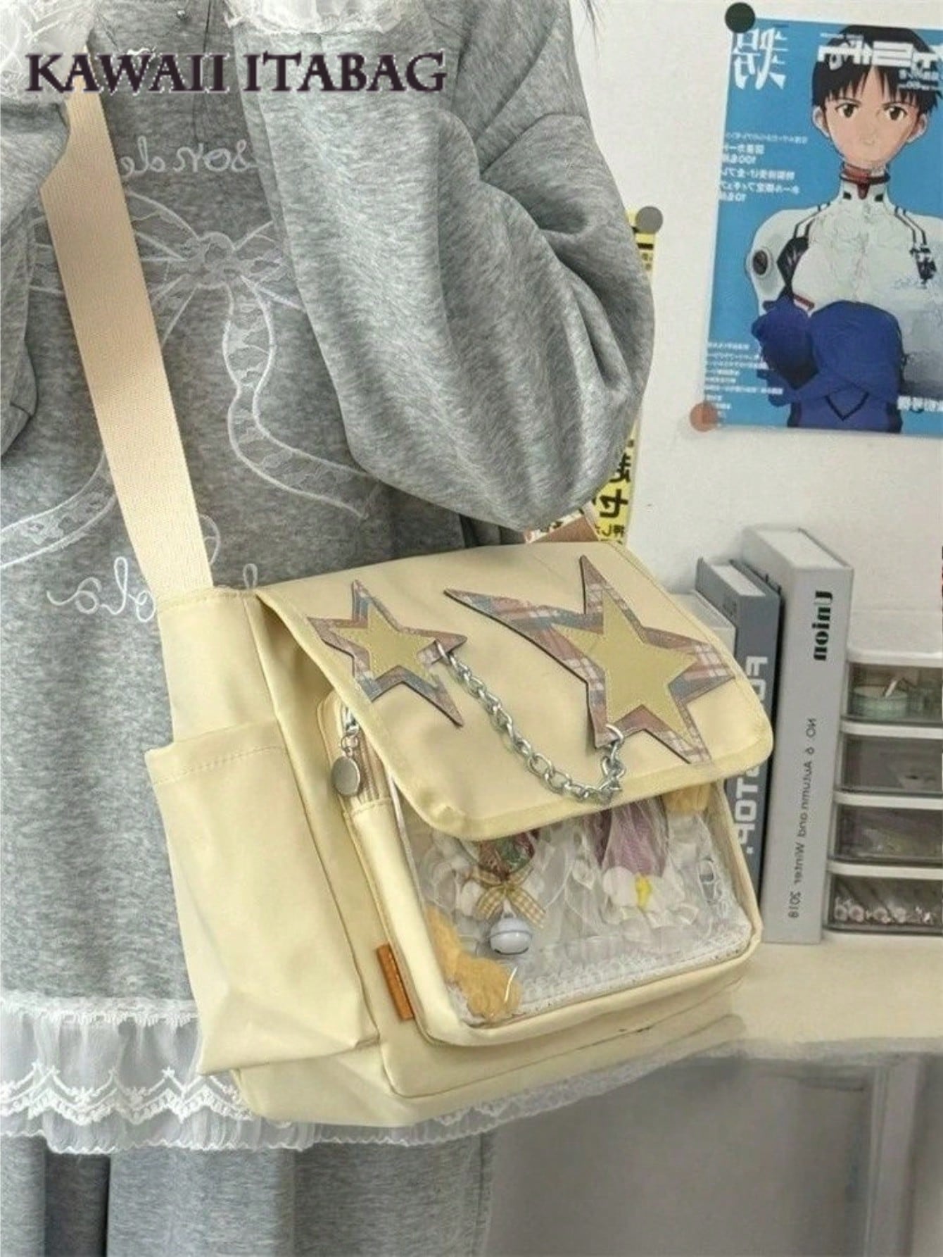 Star Chain Kawaii Ita Messenger Bag | Y2K Crossbody Ita Bag with Clear Display Window