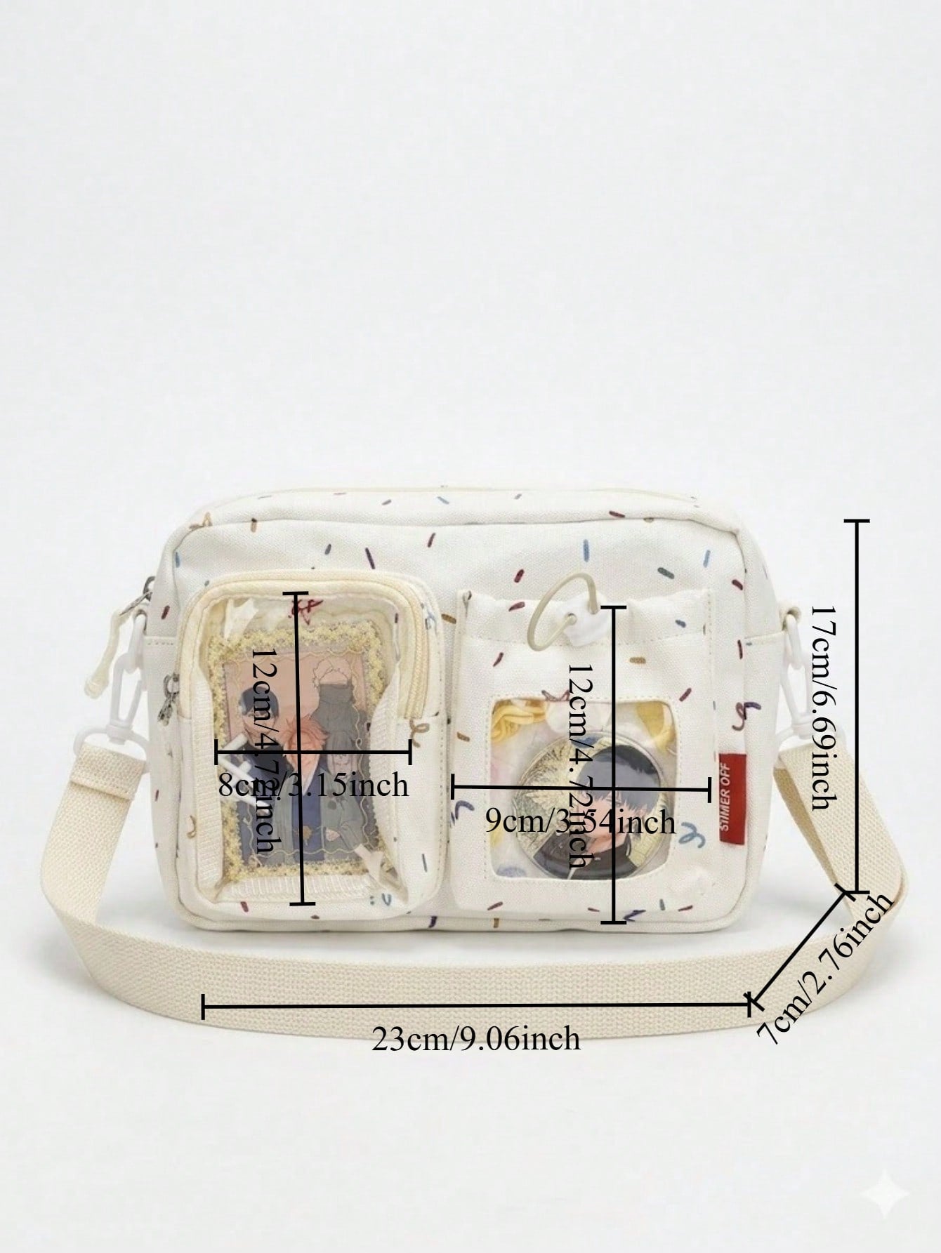 White background product shot with dimension labels: 23×17×7cm bag, 12×8cm and 12×9cm display windows