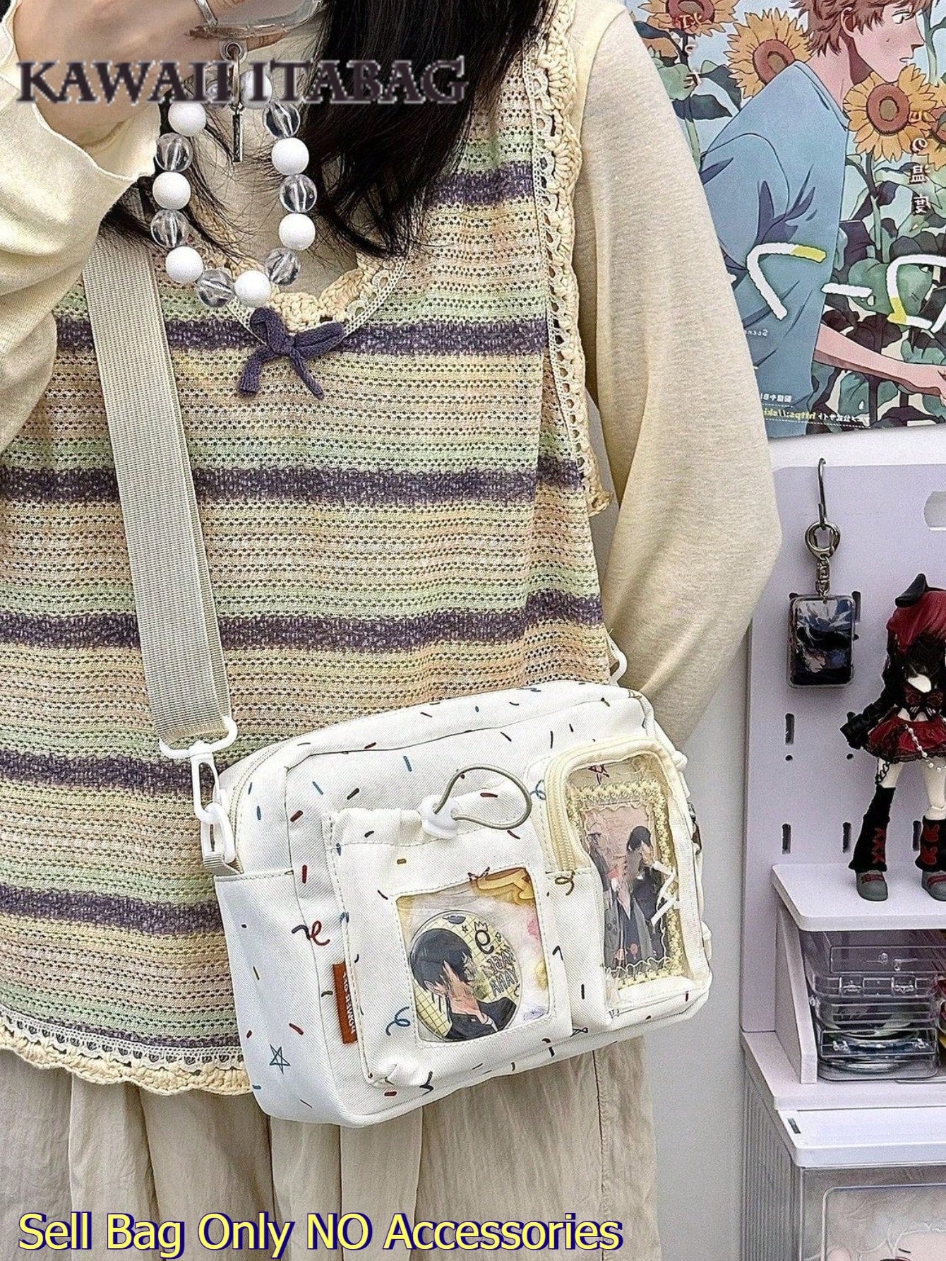Kawaii Crossbody Ita Bag with Dual Display Windows – Confetti Print Messenger Itabag for Pins, Cards & Merch