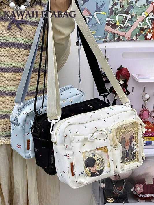 Three colourways of confetti ita bag held together – cream, black, pale blue – showing front display windows