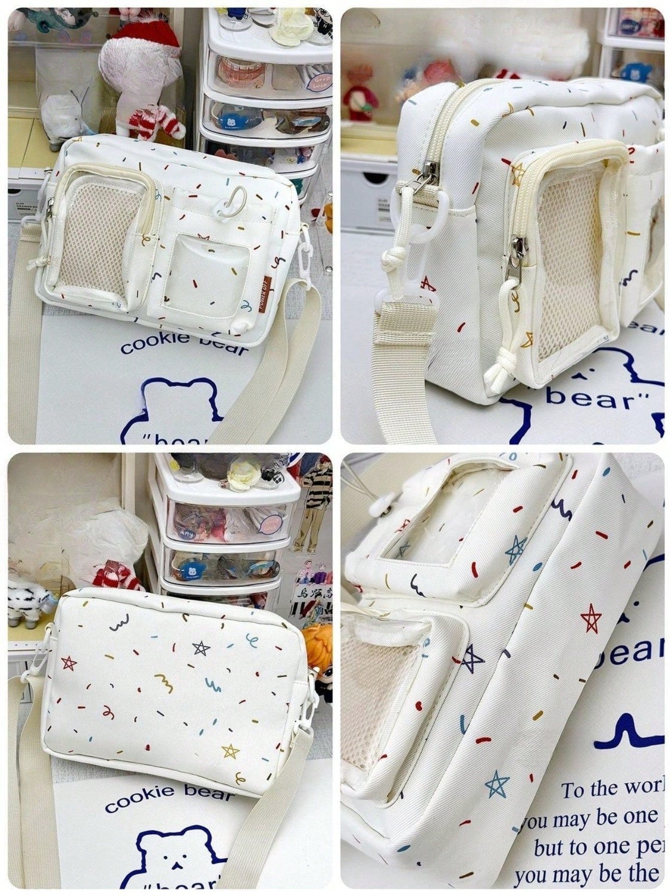 Four-angle detail shots of cream confetti ita bag showing mesh side panel, back, strap attachment, and print close-up