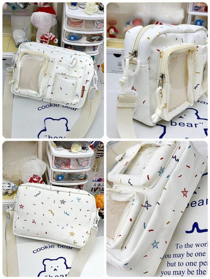 Four-angle detail shots of cream confetti ita bag showing mesh side panel, back, strap attachment, and print close-up