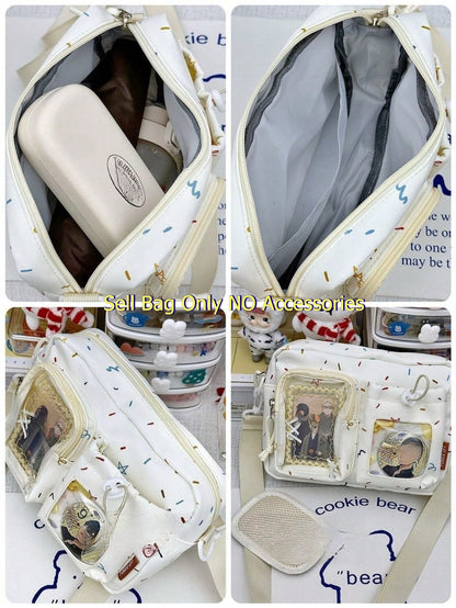 Interior detail shots of cream ita crossbody showing main compartment, grey lining, zip pocket, and display arrangement