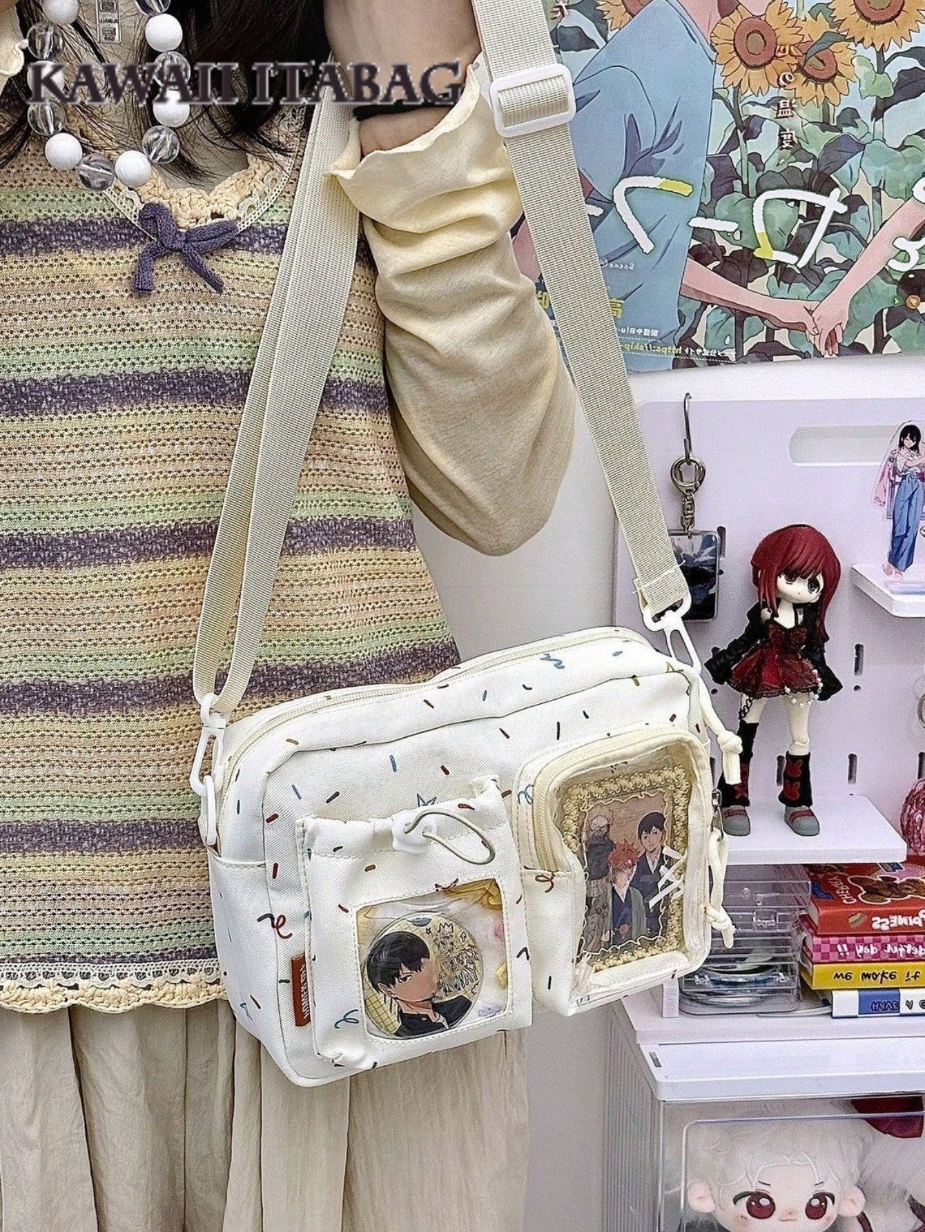 Kawaii Crossbody Ita Bag with Dual Display Windows – Confetti Print Messenger Itabag for Pins, Cards & Merch