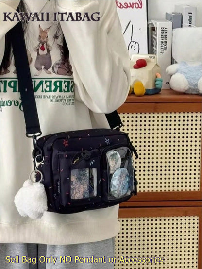Kawaii Crossbody Ita Bag with Dual Display Windows – Confetti Print Messenger Itabag for Pins, Cards & Merch