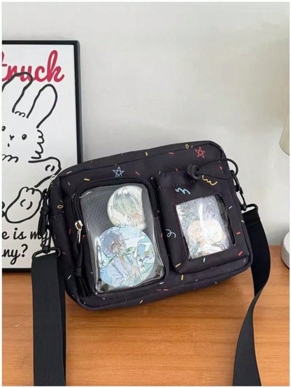 Kawaii Crossbody Ita Bag with Dual Display Windows – Confetti Print Messenger Itabag for Pins, Cards & Merch