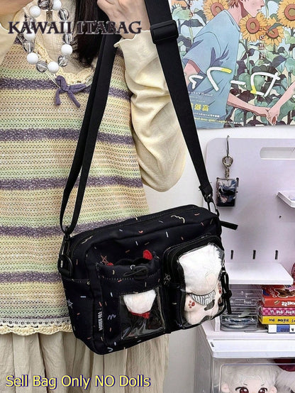 Kawaii Crossbody Ita Bag with Dual Display Windows – Confetti Print Messenger Itabag for Pins, Cards & Merch