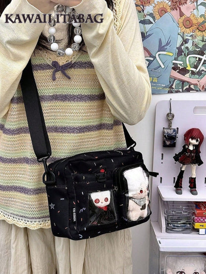 Kawaii Crossbody Ita Bag with Dual Display Windows – Confetti Print Messenger Itabag for Pins, Cards & Merch