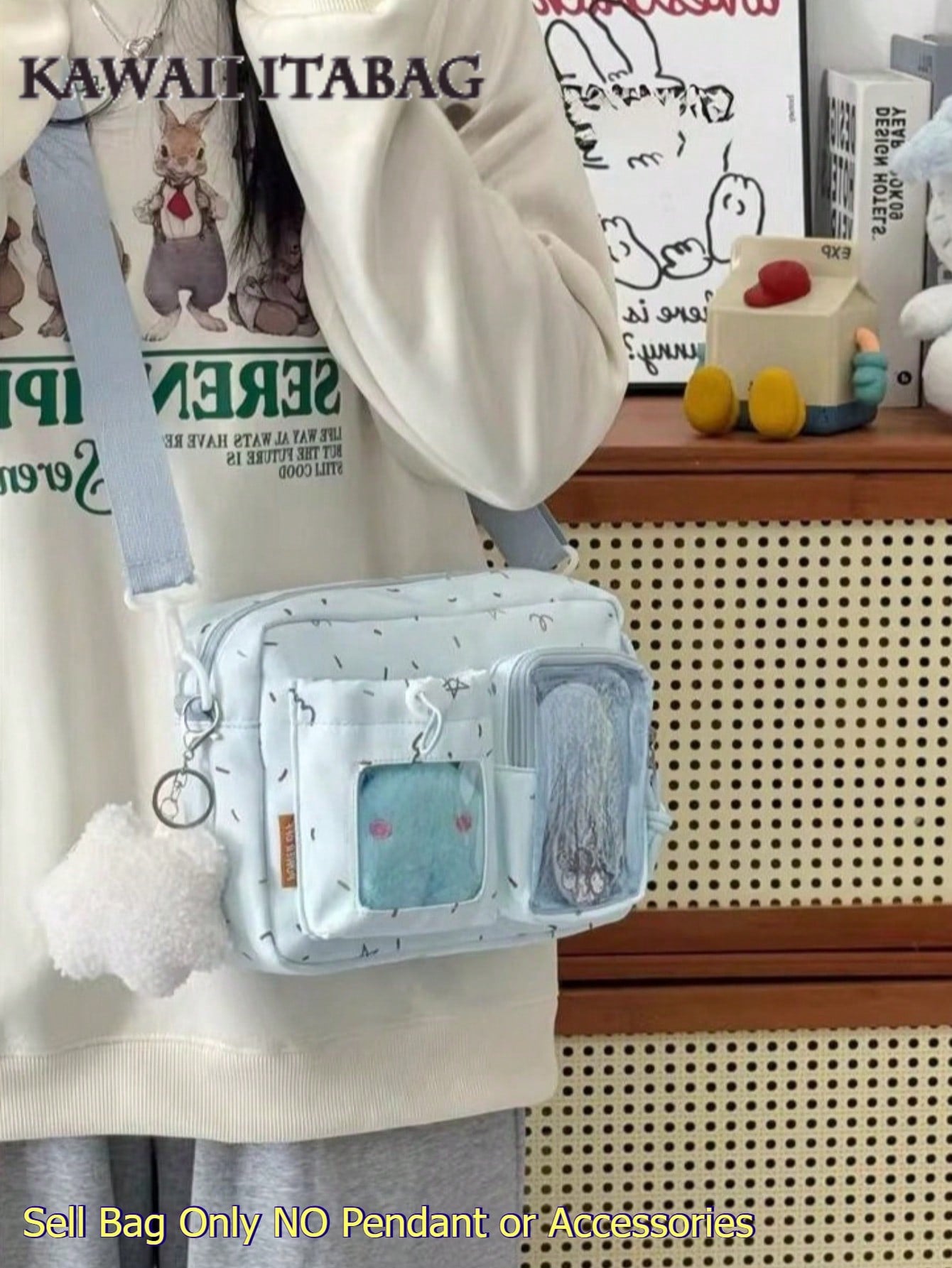 Kawaii Crossbody Ita Bag with Dual Display Windows – Confetti Print Messenger Itabag for Pins, Cards & Merch