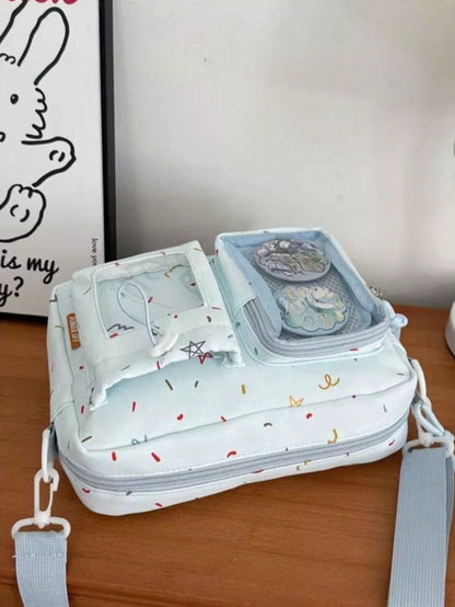 Kawaii Crossbody Ita Bag with Dual Display Windows – Confetti Print Messenger Itabag for Pins, Cards & Merch