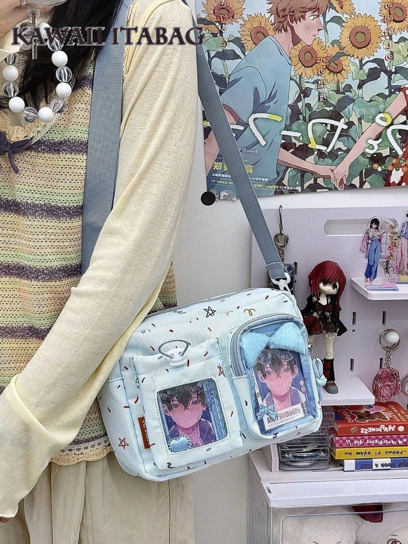 Kawaii Crossbody Ita Bag with Dual Display Windows – Confetti Print Messenger Itabag for Pins, Cards & Merch