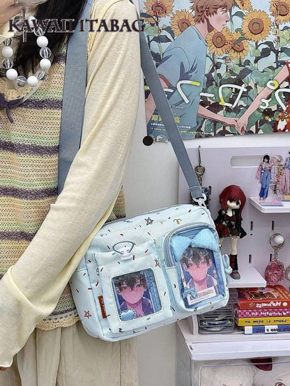 Kawaii Crossbody Ita Bag with Dual Display Windows – Confetti Print Messenger Itabag for Pins, Cards & Merch