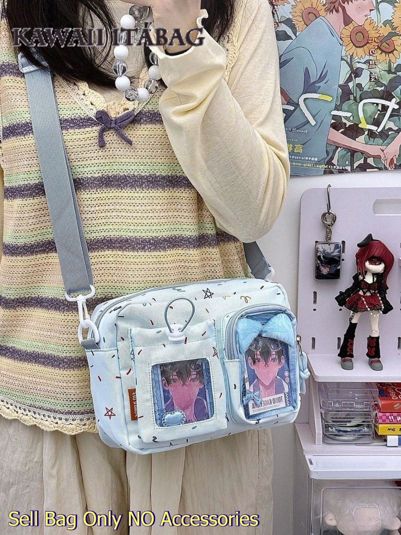 Kawaii Crossbody Ita Bag with Dual Display Windows – Confetti Print Messenger Itabag for Pins, Cards & Merch