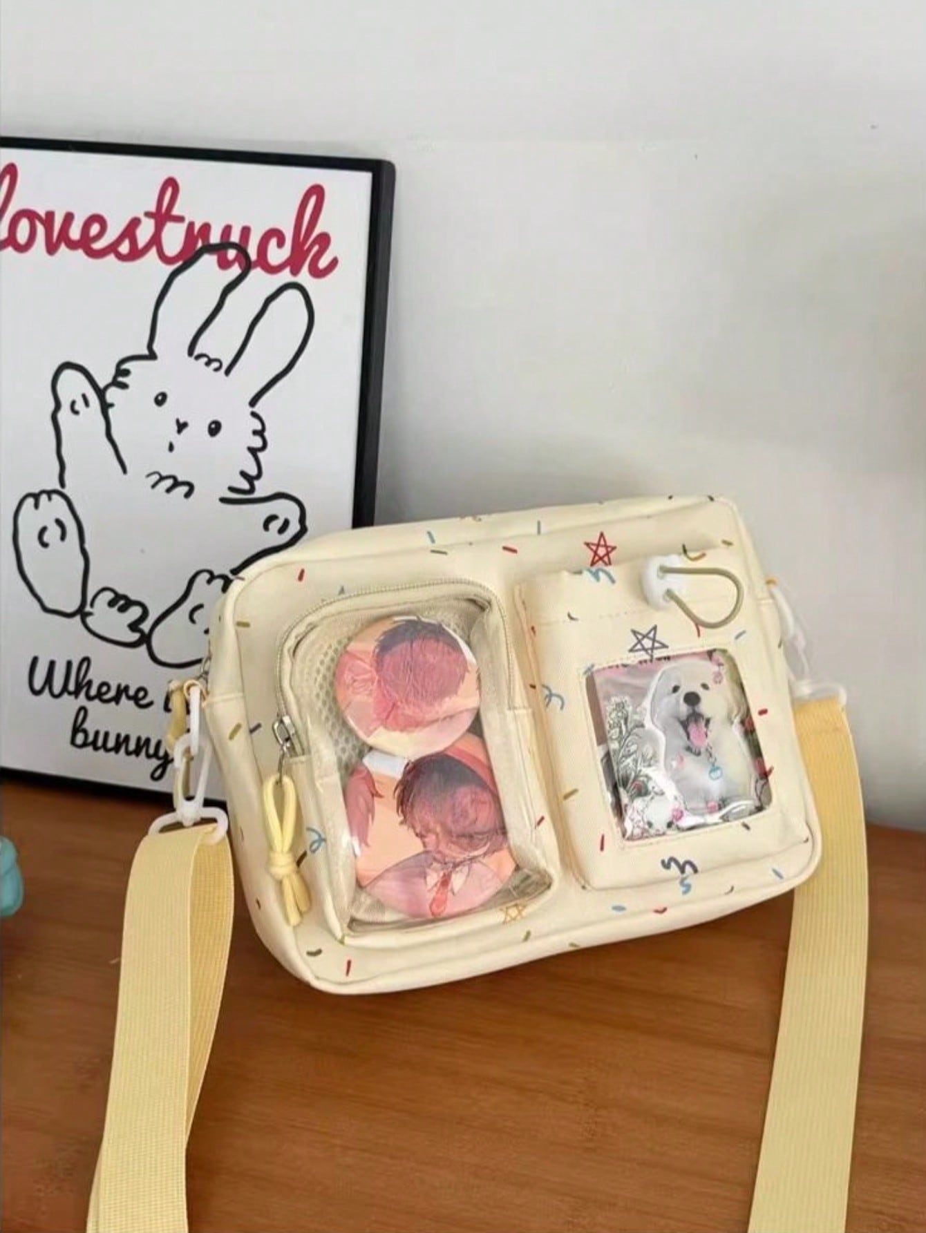 Kawaii Crossbody Ita Bag with Dual Display Windows – Confetti Print Messenger Itabag for Pins, Cards & Merch