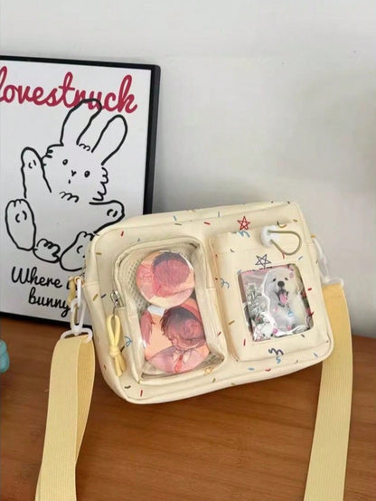 Kawaii Crossbody Ita Bag with Dual Display Windows – Confetti Print Messenger Itabag for Pins, Cards & Merch