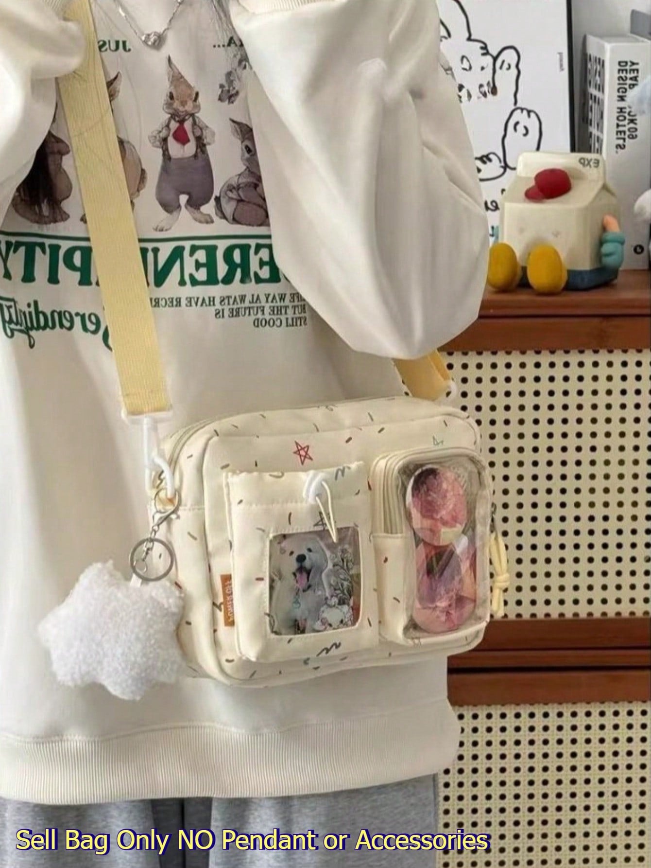Kawaii Crossbody Ita Bag with Dual Display Windows – Confetti Print Messenger Itabag for Pins, Cards & Merch
