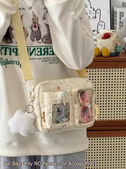 Kawaii Crossbody Ita Bag with Dual Display Windows – Confetti Print Messenger Itabag for Pins, Cards & Merch
