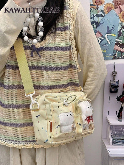 Kawaii Crossbody Ita Bag with Dual Display Windows – Confetti Print Messenger Itabag for Pins, Cards & Merch
