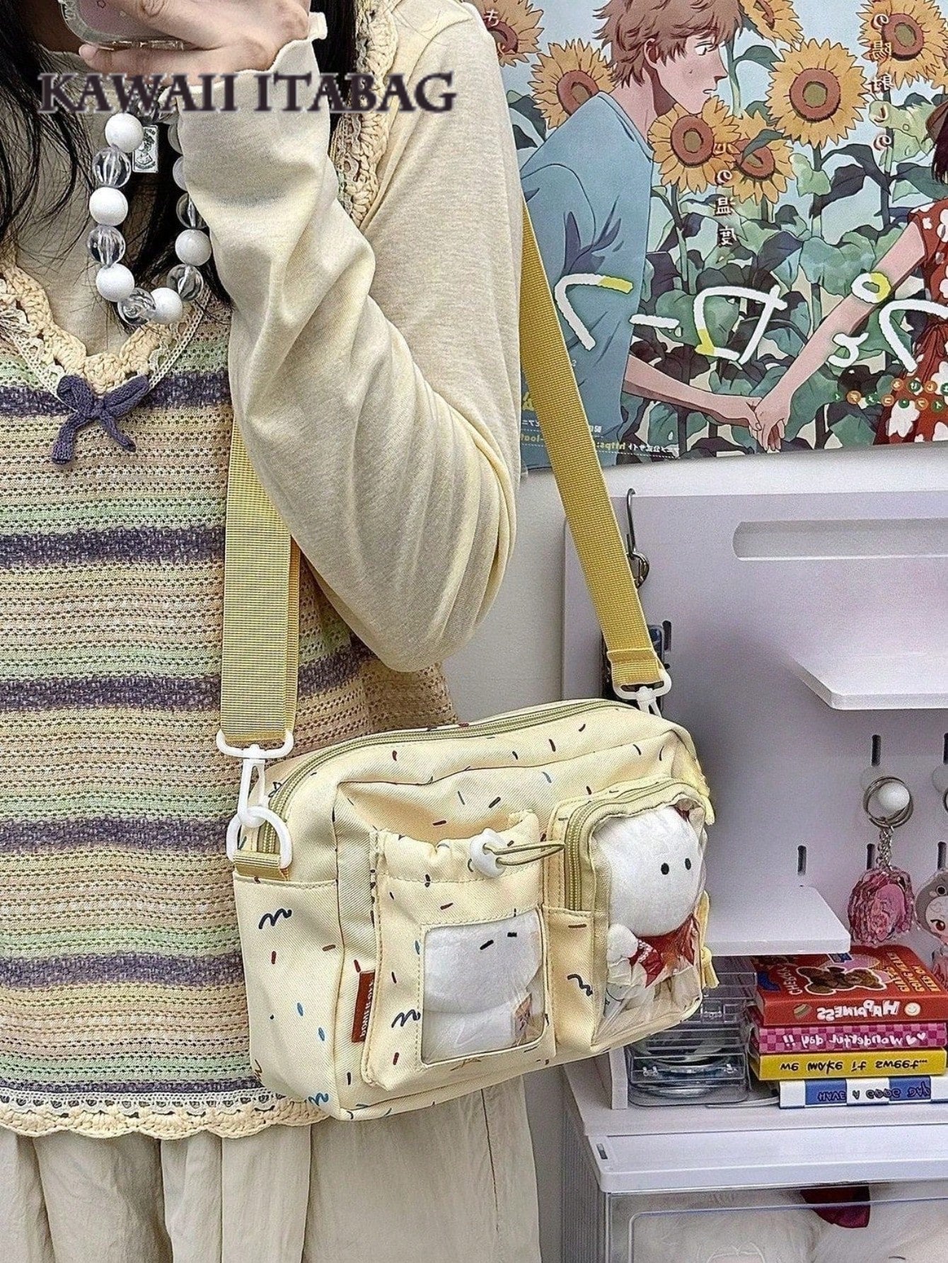 Kawaii Crossbody Ita Bag with Dual Display Windows – Confetti Print Messenger Itabag for Pins, Cards & Merch