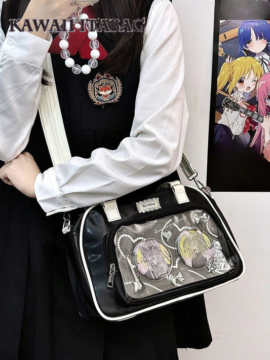  Black boston ita bag worn crossbody with anime badges displayed