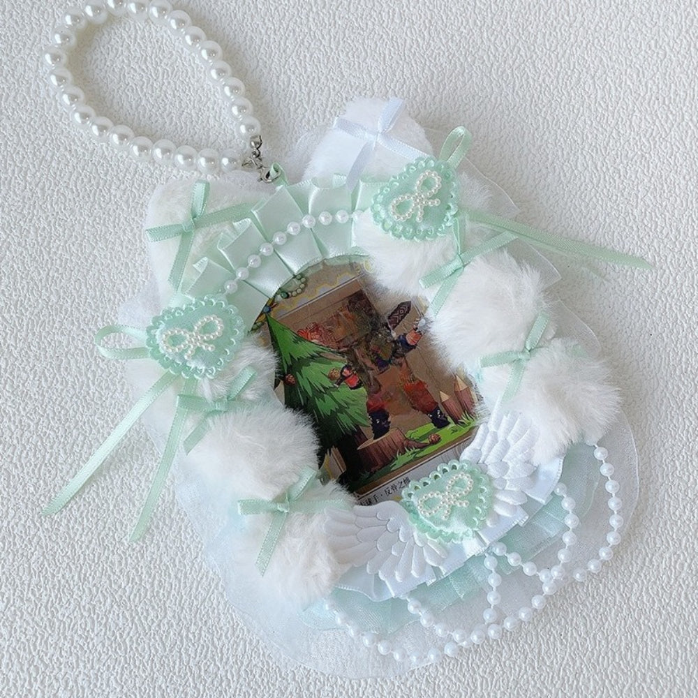 Mint green faux fur lace ita necklace with pearl heart bows