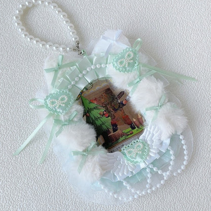 Mint green faux fur lace ita necklace with pearl heart bows
