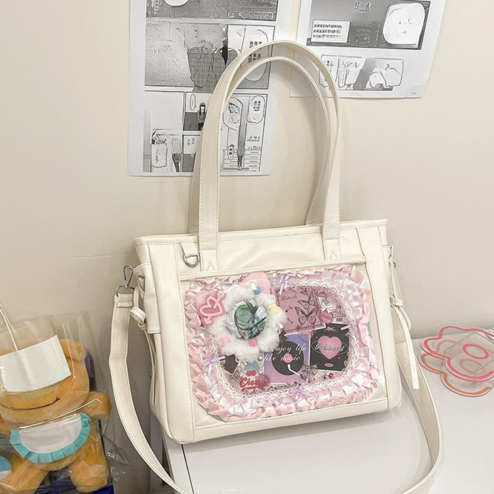 Large Lace-Up Ita Bag — PU Leather Clear Display Tote & Crossbody for Anime Pins & Photocards