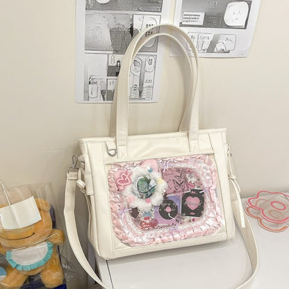 Large Lace-Up Ita Bag — PU Leather Clear Display Tote & Crossbody for Anime Pins & Photocards