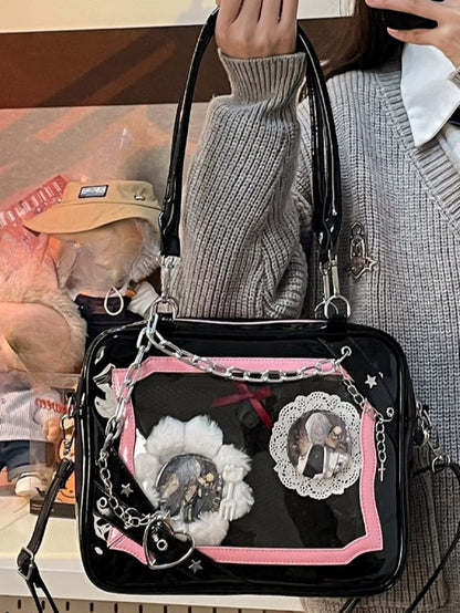 Gothic Chain Ita Bag — Clear Window Crossbody Satchel for Anime Pins, Plushies & Photocards