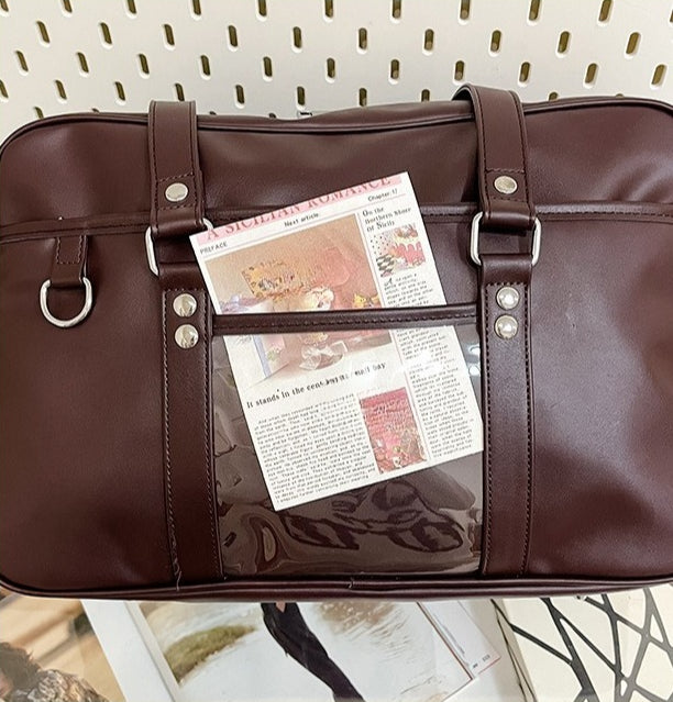 JK Style Large Ita Bag — PU Leather Boston Tote with Clear Display Window for Anime Pins & Merch