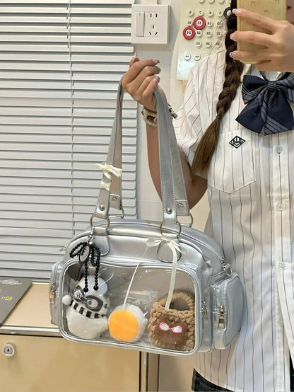 mini boston ita bag silver metallic clear display window with plushies handheld carry front view