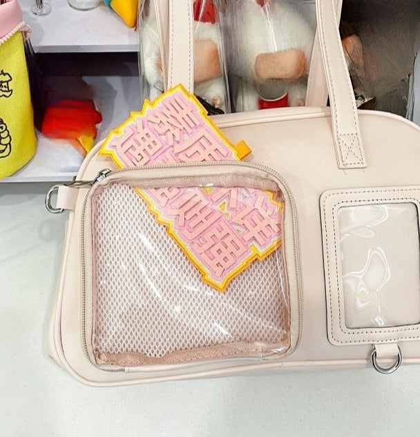 ita bag dual window close-up mesh backed display panel left and photocard slot right pink