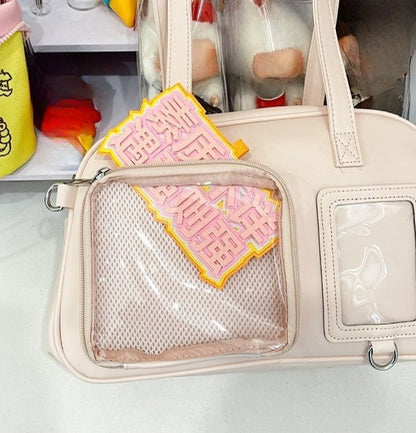 ita bag dual window close-up mesh backed display panel left and photocard slot right pink