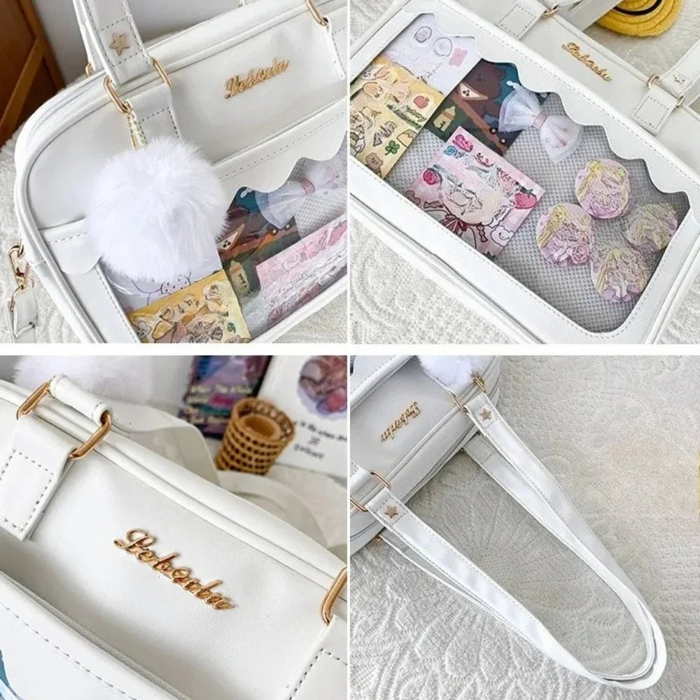 white scallop ita bag detail shots pom pom charm mesh window gold hardware star rivet handle close-up