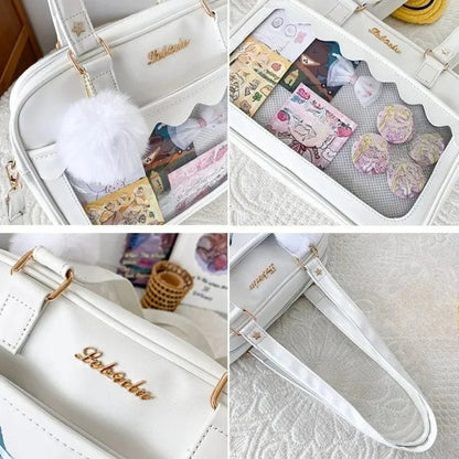 white scallop ita bag detail shots pom pom charm mesh window gold hardware star rivet handle close-up