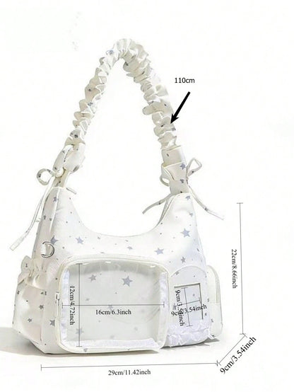 Kawaii Star Print Ita Shoulder Bag with Clear Display Window & Ruched Strap