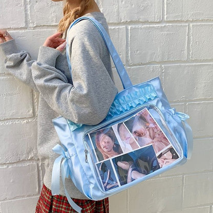 Lolita Satin Ita Bag Tote — Ruffle Bow Clear Window Bag for Photocards, Anime Pins & K-pop Merch