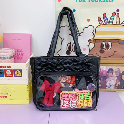 Black quilted ita tote with transparent front pocket
