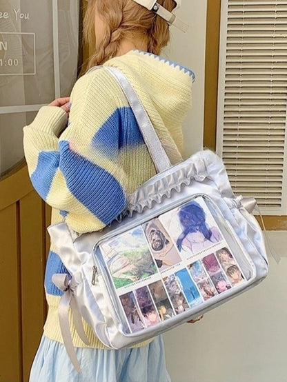 Lolita Satin Ita Bag Tote — Ruffle Bow Clear Window Bag for Photocards, Anime Pins & K-pop Merch