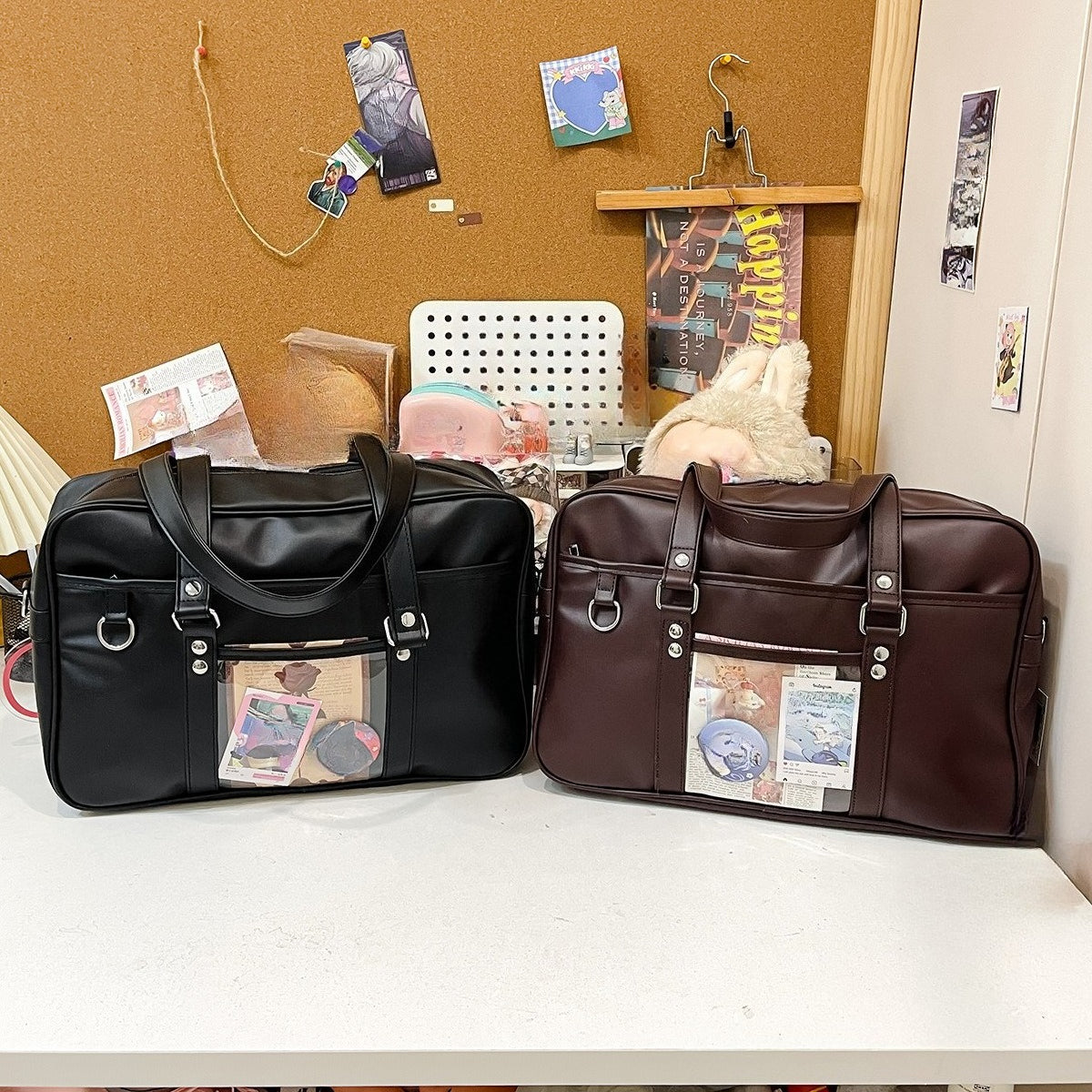 JK ita bag black and dark brown colourway comparison matte PU leather clear window