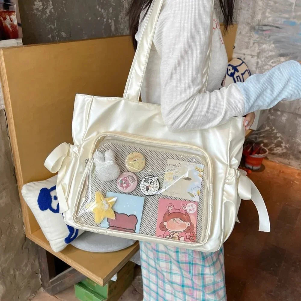 Lolita Glossy Surface Ita Bag Ribbon Bows Big Shoulder Handbags With Display Plate - Ita Bag Lover