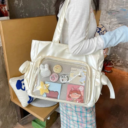 Lolita Glossy Surface Ita Bag Ribbon Bows Big Shoulder Handbags With Display Plate - Ita Bag Lover