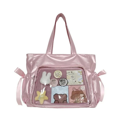 Lolita Glossy Surface Ita Bag Ribbon Bows Big Shoulder Handbags With Display Plate - Ita Bag Lover