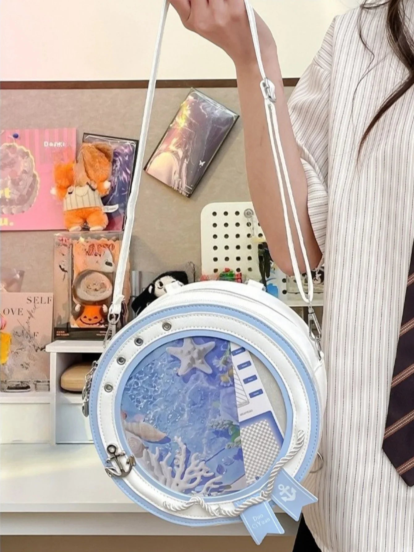 Round Ita Bag — Clear Window Circle Crossbody with Anchor Detail for Anime Pins & Photocards
