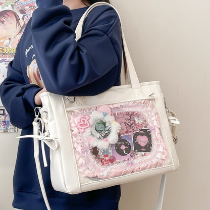 large lace-up ita bag white PU leather with pink ruffle lace clear display window shoulder carry