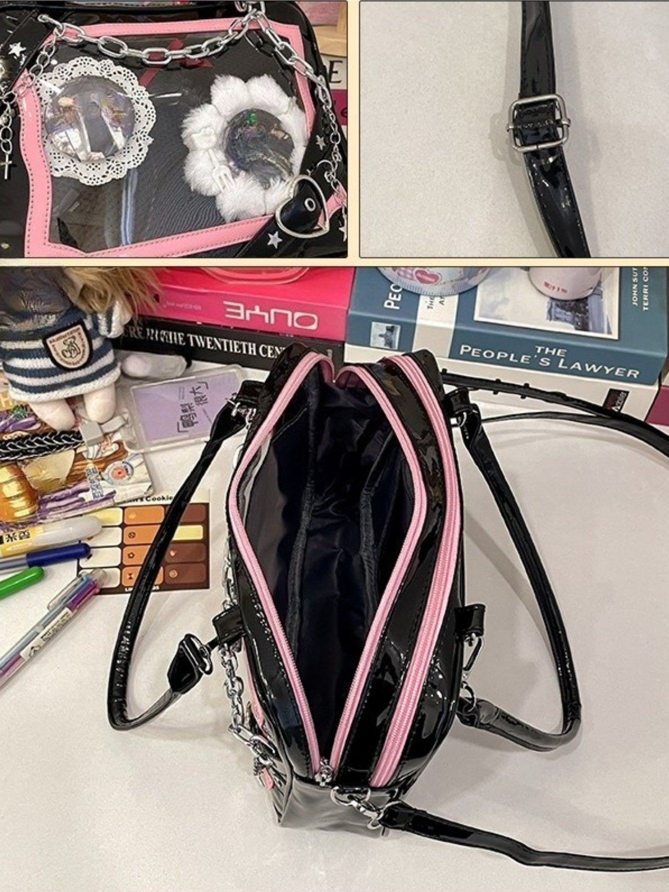 gothic ita bag interior black lining pink contrast zip with display window and patent strap detail
